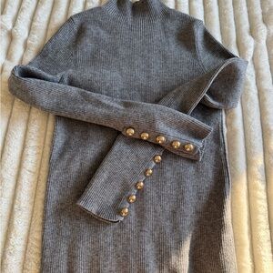Gray Turtleneck Sweater with Gold Button Accents